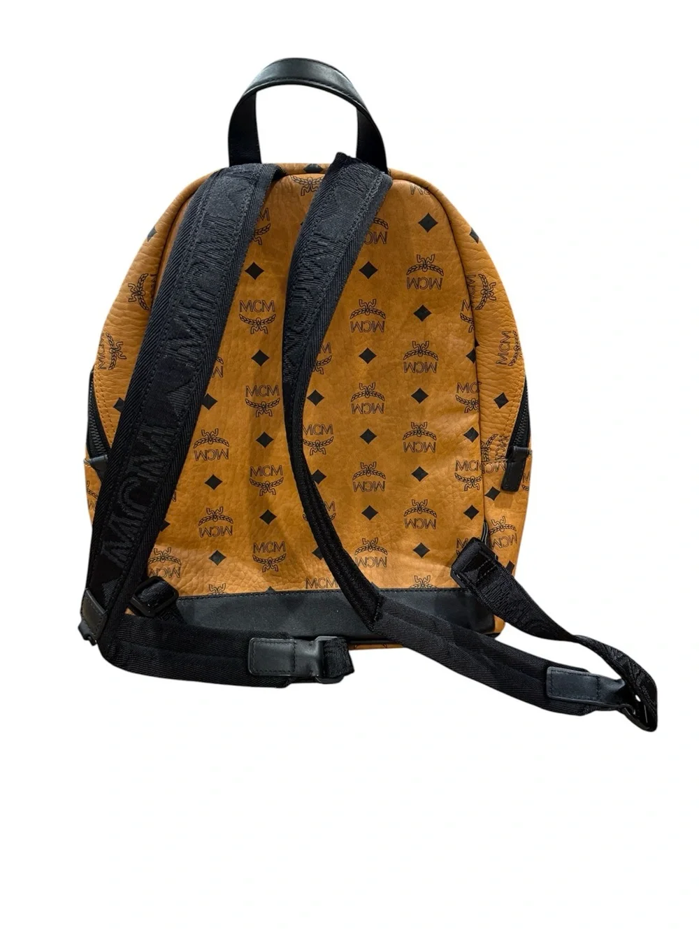 MCM Small Stark Visetos Backpack Cognac Black Leather Women's Designer Bag